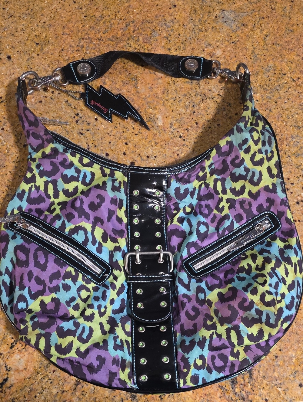 Betseyville Betsey Johnso Purple Multi Leopard Print Hobo with Black Patent Trim